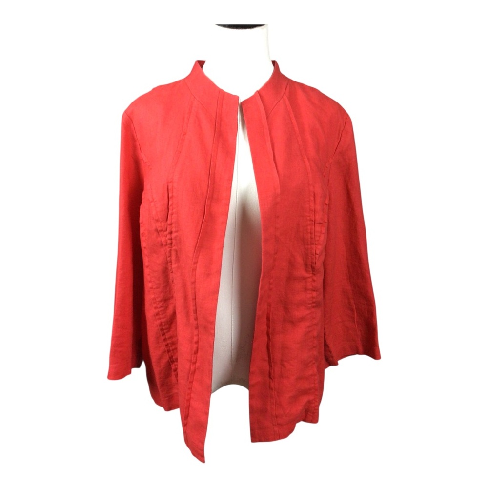 Chico’s Open Front Red Pink Coral Linen Jacket Size 2 US Large